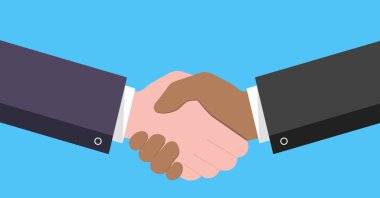 El sıkışırken işadamları stil tasarlamak vektör soyut ışınları ile düz. Başarı anlaştık, ortaklık, tebrik, açık mavi renkli izole el sıkışma anlaşması