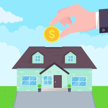 El ev düz stil tasarım vektör çizim içinde para koyar. Piggy banka satın alma ev kavramı. Saray Bankası güvenli, yatırımın veya borcun, gayrimenkul sembol simge işareti. Yeşil çim ve bulutların arkasında.