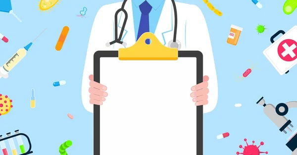 Medical banner concept flat style design poster. Male man doctor employee on it holding clipboard and arounded with hospital equipment and medicines. Medical awareness flu, polio influenza etc. banner