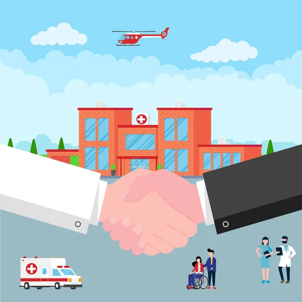 Handshake Doctor Patient Hospital Building Doctor Nurse Patients Helicopter Ambulance — Stock Vector