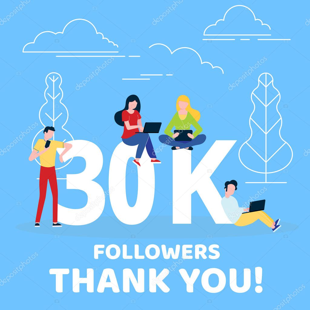 Thank you 30000 followers numbers postcard. People man, woman big numbers flat style design 30k thanks vector illustration isolated on blue background. Template for internet media and social network.