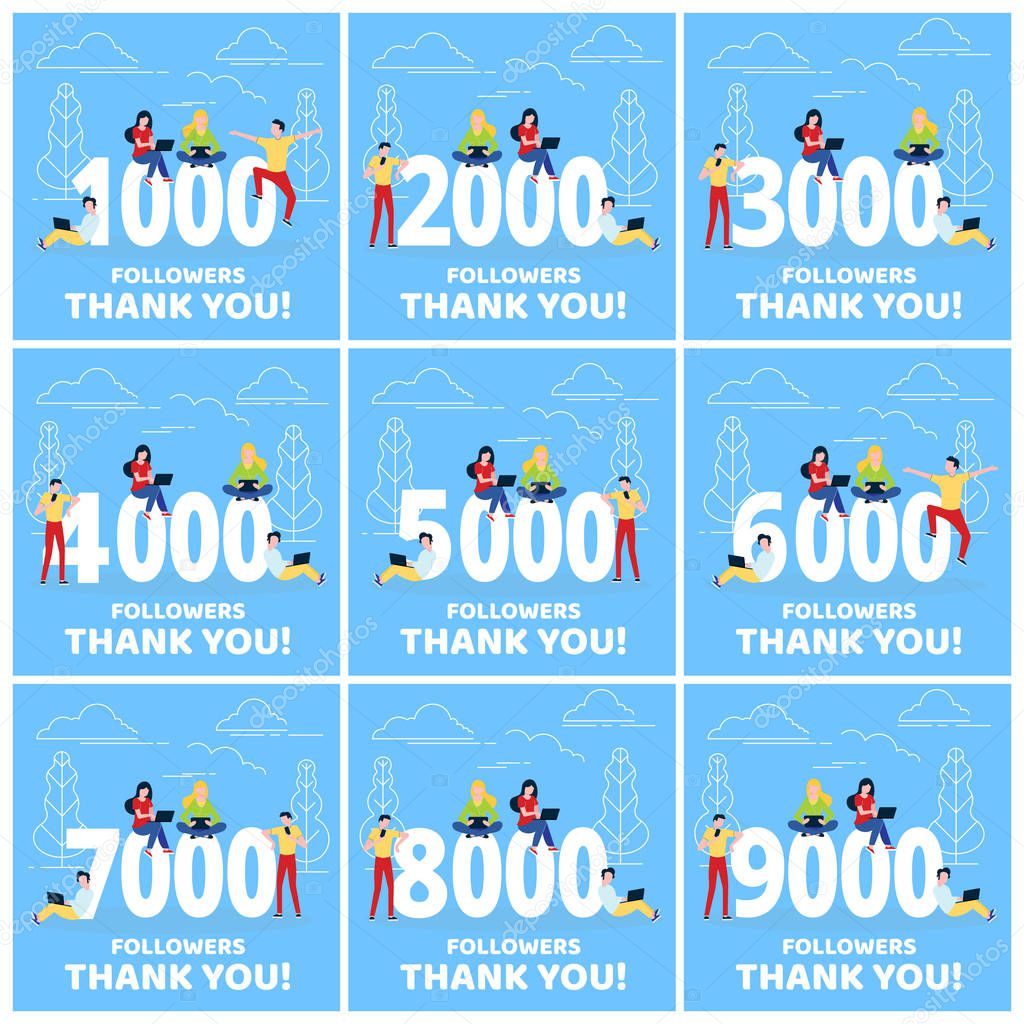 Thank you 1-9k followers numbers postcard set. People man, woman big numbers flat style design thanks vector illustration isolated on blue background. Template for internet media and social network.