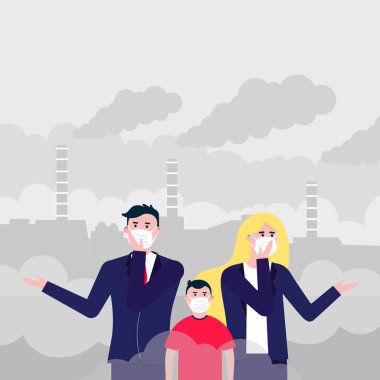 Karışık erkek, kadın, çocuk maskeleri smog karşı. İnce toz, hava kirliliği, endüstriyel duman koruma kavramı düz stil tasarlamak vektör. Endüstriyel Tesis boru duman arkasında büyük bulutlar ile