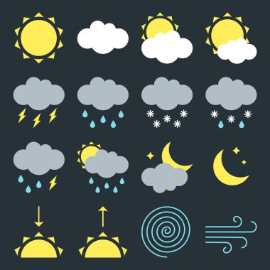 Modern hava simgeleri işaretleri düz stil tasarım vektör çizim sembolleri koyu arka plan üzerinde izole ayarla.