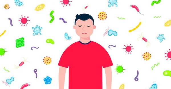Trieste Jongen Jongen Zonder Bescherming Met Bacterias Microbs Achter Hem — Stockvector