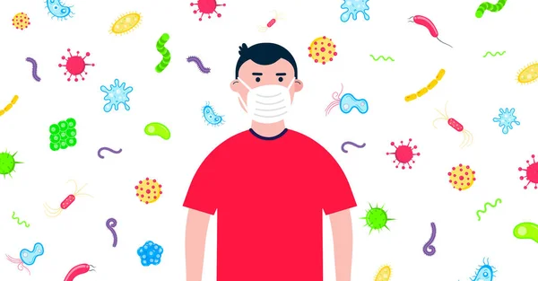 Trauriger Junge Mit Schutzmaske Mit Bakterien Und Mikroben Hinter Sich — Stockvektor