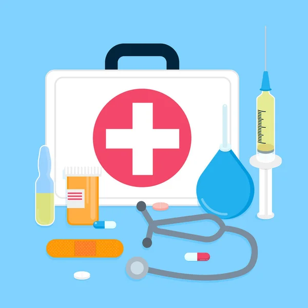 White First Aid Kit Vector Illustration Emergency Medical Case Red — Stock Vector