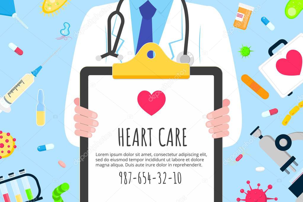 Cardiology heart care banner concept flat style design poster. Male man doctor medical employee arounded with hospital equipment and medicines. Medical awareness heart disease day banner.