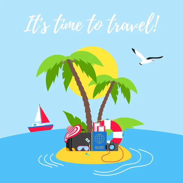 Tiempo Para Viajar Verano Playa Vacaciones Cartel Pancarta Estilo Plano — Vector de stock