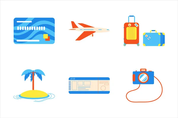 Holiday vacation beach elements flat style design set. Island, airplane, luggage, palm, credit card, tickets, camera signs icons - symbols of season exotic vacations isolated on white background.
