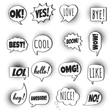 16 konuşma balonları tarzı tasarım kümesi metin ile noktalı resim üzerinde düz; aşk, gibi lol, serin, wow, boom, Evet, Evet omg... elle çizilmiş komik karikatür tarzı vektör illüstrasyon izole beyaz arka plan üzerinde ayarla.