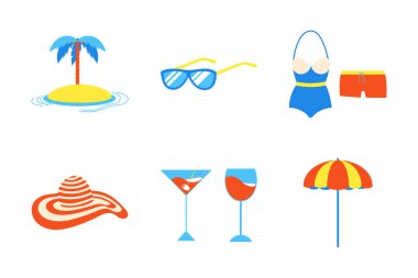 Tatil tatil plaj öğeleri stil tasarım kümesi düz. Adası, güneş gözlüğü, Mayo, Mayo, plaj şapka, şemsiye, kokteyler işaretleri simgeler - beyaz arka plan üzerinde izole sezon egzotik tatil sembolleri