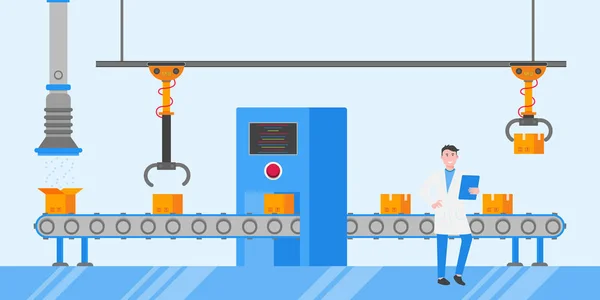 Smart industry 4.0 and technology assembly line flat style design vector illustration concept. Production conveyor belt and operator production line with robot arms, cardboard boxes and automated line