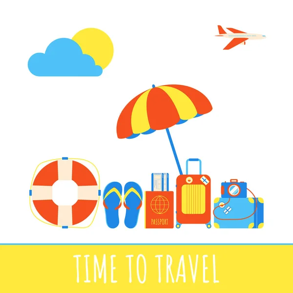 Time Travel Summer Beach Holiday Vacation Poster Banner Flat Style — Stockvector