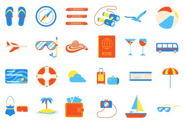 Tatil tatil plaj öğeleri stil tasarım kümesi düz. Adası, güneş gözlüğü, Mayo, Mayo, plaj şapka, şemsiye, vb işaretleri simgeler - beyaz arka plan üzerinde izole sezon egzotik tatil sembolleri
