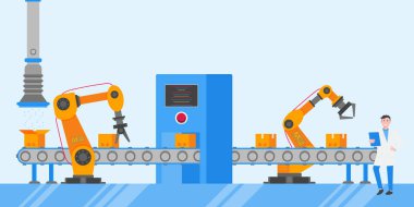 Akıllı sanayi 4.0 ve teknoloji montaj hattı düz stil tasarım vektör illüstrasyon kavramı. Üretim konveyör bant ve operatör üretim hattı robot kollar, karton kutular ve otomatik hat