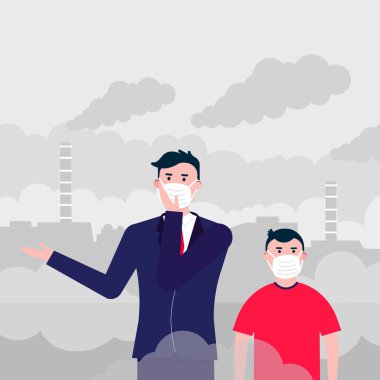 Şaşkın adam ve çocuk maskeli smog karşı. İnce toz, hava kirliliği, endüstriyel duman koruma kavramı düz stil tasarlamak vektör. Endüstriyel Tesis boru duman arkasında büyük bulutlar ile