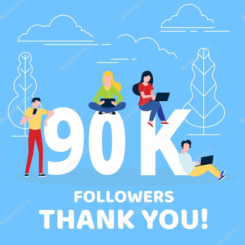 Thank you 90000 followers numbers postcard. People man, woman big numbers flat style design 90k thanks vector illustration isolated on blue background. Template for internet media and social network.