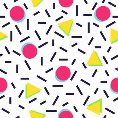 Kesintisiz geometrik desen memphis tarzı desen arka plan beyaz arka plan üzerinde izole basit şekiller kare sürüm düz stil tasarım vektör çizim ile.