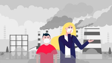 Karışık kadın ve çocuk maskeli smog karşı. İnce toz, hava kirliliği, endüstriyel duman koruma kavramı düz stil tasarlamak vektör. Endüstriyel fabrika boru duman büyük bulutlar ile.