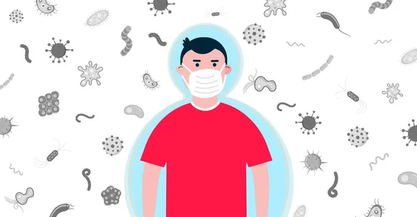 Junge Mit Schutzmaske Mit Graustufen Bakterien Und Mikroben Hinter Ihm — Stockvektor