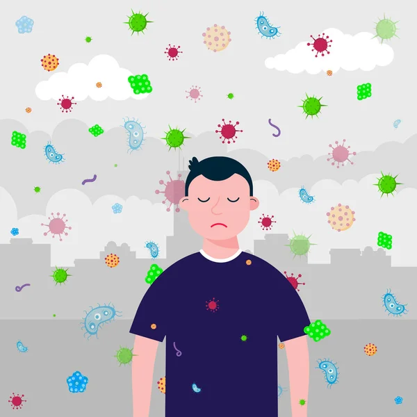 Sad Boy Ingen Mask Bakterier Och Virus Flyga Eftersom Infektionen — Stock vektor