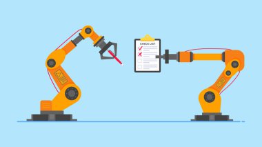 Robot kollar açık mavi renkli metin ve onay işaretleri düz stil tasarım vektör illüstrasyon izole kalem ve pano tutarsınız. Modern akıllı sanayi 4.0 otomasyona mekanik silah AI kavramı. 