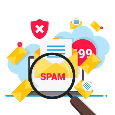 Spam posta kavramı düz stil tasarım vektör illüstrasyon. Defter dışında birçok zarf. Uyarı ve Hack güvenlik sembolleri kompozisyon. Beyaz arka planda yalıtılmış. 