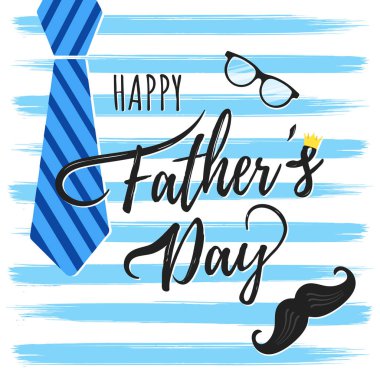 Beyaz arka plan üzerinde izole mutlu Babalar günü kartpostal düz stil vektör tasarlamak. Sözcükler, gözlük, taç, fırça darbesi, kravat ve bıyık - süper baba sembollerin yazı.