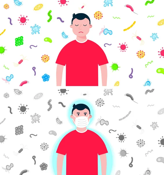 Enfant Avec Sans Masque Protection Avec Des Bactéries Derrière Lui — Image vectorielle