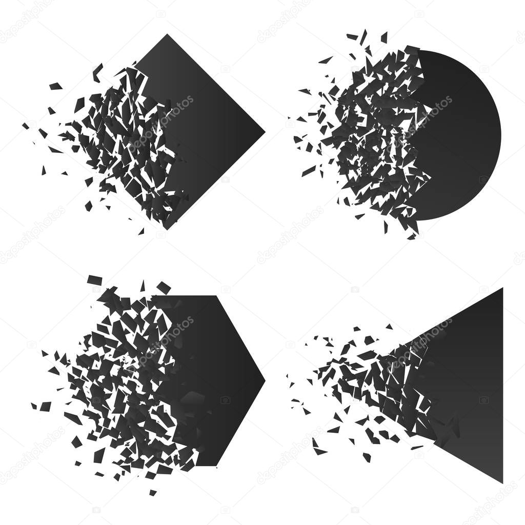 Shape explodes gradient flat style design vector illustration set isolated on white background. Square rhombus, circle, hexagon, triangle shapes in grayscale gradient exploding.