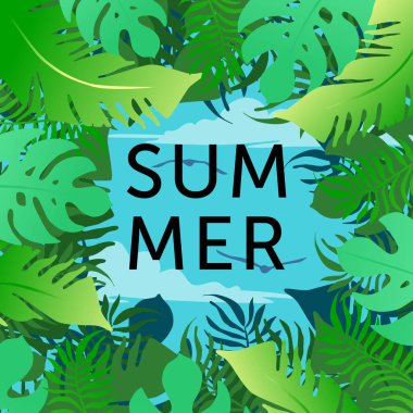 Yaz saati duvar kağıdı, poster ya da tropikal yaprak ve gökyüzü ilan vardı. Metin yaz kompozisyon düz stil tasarlamak degrade vektör ortasına. 