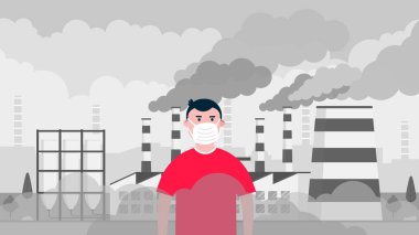 Karışık çocuk smog karşı massk giyiyor. İnce toz, hava kirliliği, endüstriyel duman koruma kavramı düz stil tasarlamak vektör. Endüstriyel Fabrika boru duman büyük bulutlar ile.