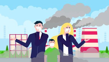 Karışık erkek, kadın, çocuk maskeleri smog karşı. İnce toz, hava kirliliği, endüstriyel duman koruma kavramı düz stil tasarlamak vektör. Endüstriyel Tesis boru duman arkasında büyük bulutlar ile