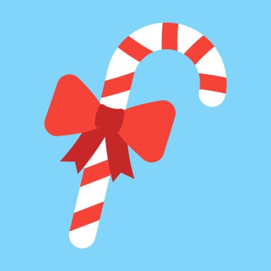 hristmas şeker kamışı işaretiyle beyaz arka plan üzerinde - mutlu Noeller ve mutlu yeni yıl sembolü izole kırmızı yay düz stil tasarım vektör çizim simgesi.