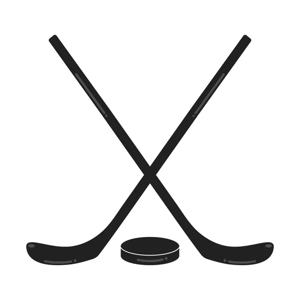 Düz beyaz arka plan üzerinde kompozisyon vektör çizim simgeler işaretleri izole tarzı tasarım iki siyah hokey sopaları ve puck. Sembolleri spor oyun buz hokeyi.