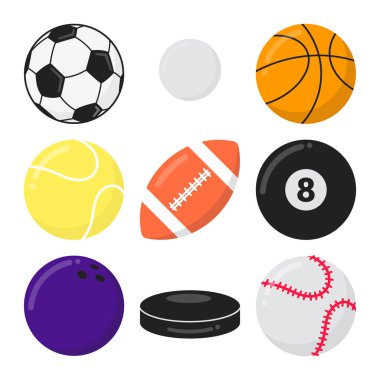 Spor oyunları topları düz stil tasarım vektör illüstrasyon beyaz arka plan üzerinde izole ayarlayın. Futbol, ping pong, basketbol, tenis, futbol, bilardo, bowling, puck, beyzbol - spor oyunları sembolleri.