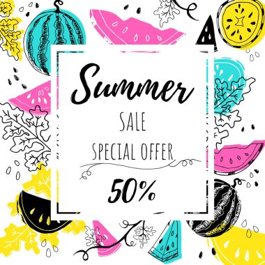 Yaz satışı özel teklif kadar 50% afiş kartpostal metin el çizilmiş karpuz ve renkli şekiller vektör Illustration kapalı. Yaz satışı Flyer veya banner veya Leflet kavramı şablonu. 