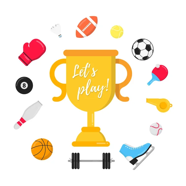 Sport Gaming Samenstelling Met Ballen Voetbal Voetbal Basketbal Trophy Cup — Stockvector