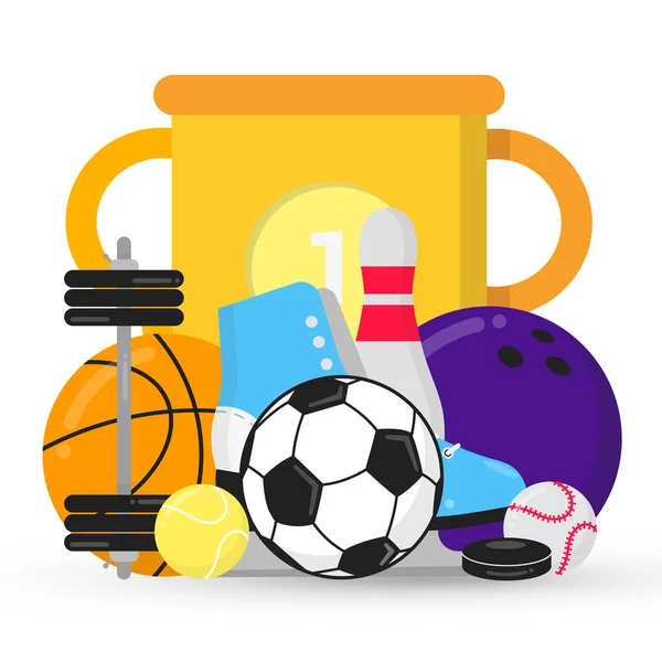 Sport gaming composition with cup, balls - soccer, tennis, bowling, basketball. Ice skating shoes and puck etc... Sport equipment flat style design vector illustration isolated on white.