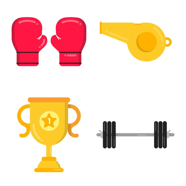 Gym Barbell Boxing Gloves Sport Whistle Golden Cup Sport Set — Stock Vector