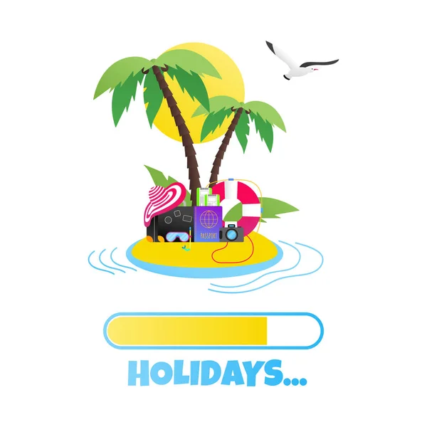 暑假热带度假平面风格设计构图与进度装载酒吧和文本假日 行李箱 沙滩帽 游泳面罩 伞向量例证查出在白色 — 图库矢量图片