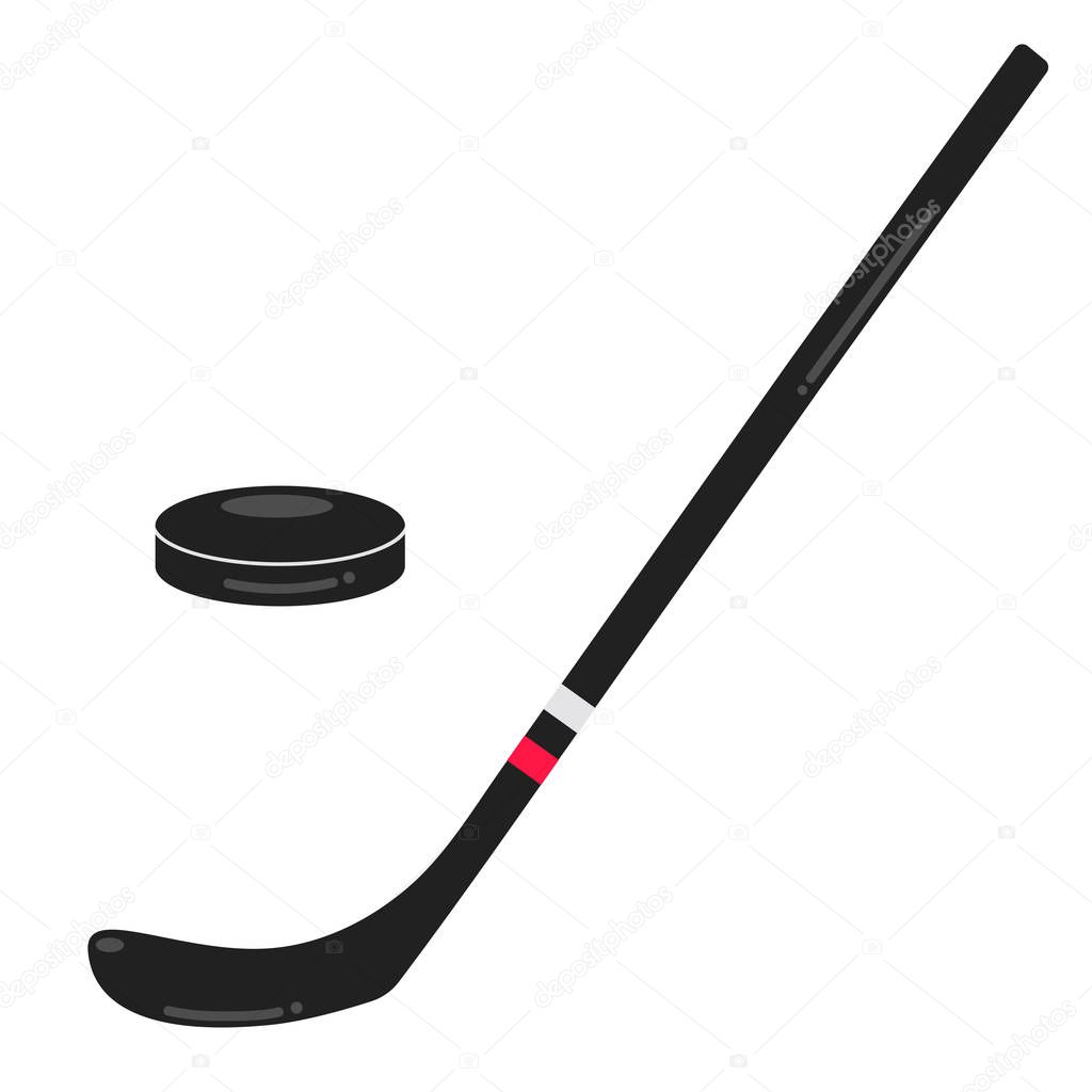 Black hockey stick and the puck flat style design vector illustration icons signs isolated on white background. Symbols of the sport game ice hockey.
