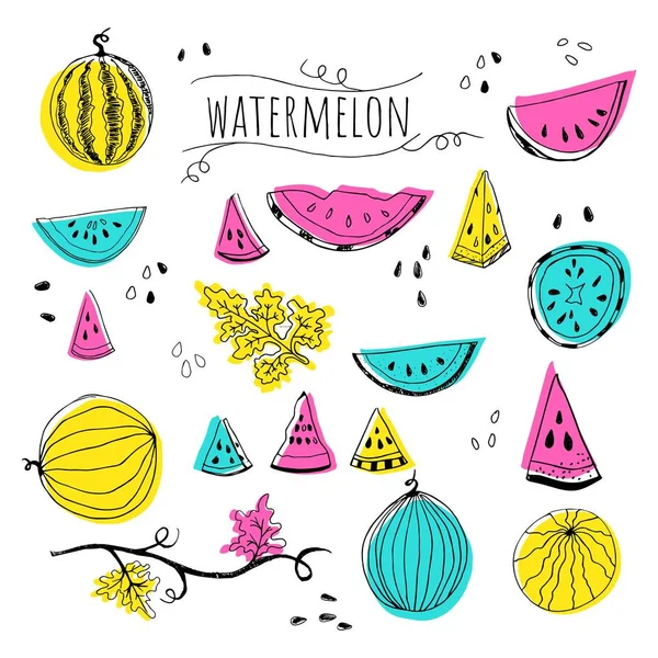 Handgezeichnete Skizze Stil Wassermelone Set Mit Farbformen Vektorillustration Isoliert Auf — Stockvektor