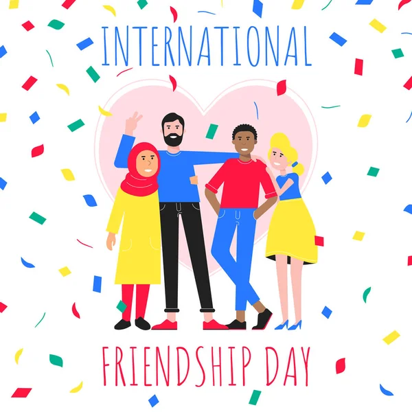 Happy friends from all around the world hugging, happy international friendship day flat style design character vector illustration isolated on white background. Diversity and no limits friendship.