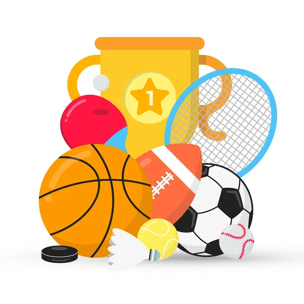 Sport gaming composition with balls - soccer, football, basketball. Trophy cup goblet tennis and ping pong racket, puck etc... Sport equipment flat style design vector illustration isolated on white.