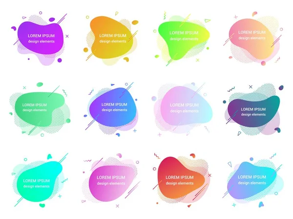 12 Modern sıvı soyut eleman grafik gradyan düz stil tasarım sıvı vektör renkli illüstrasyon logosu, sunum, el ilanı, beyaz arka plan üzerinde izole için afiş basit şekil şablonu ayarlayın.