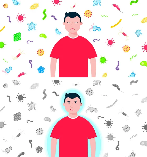 Niño Con Sin Máscara Protección Con Bacterias Detrás Diseño Estilo — Vector de stock