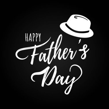 Mutlu baba günü kartpostal düz stil tasarım vektör illüstrasyon siyah arka planda izole. Yazı kelimeleri, şapka-süper baba sembolleri.