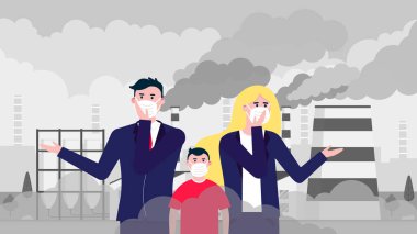 Karışık erkek, kadın, çocuk maskeleri smog karşı. İnce toz, hava kirliliği, endüstriyel duman koruma kavramı düz stil tasarlamak vektör. Endüstriyel Tesis boru duman arkasında büyük bulutlar ile